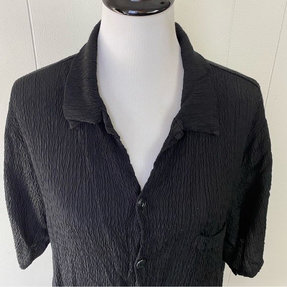 FLAX Large L Blouse Shirt Top Button Down BLACK TEXTURE Short Sleeve Rayon - Picture 3 of 10